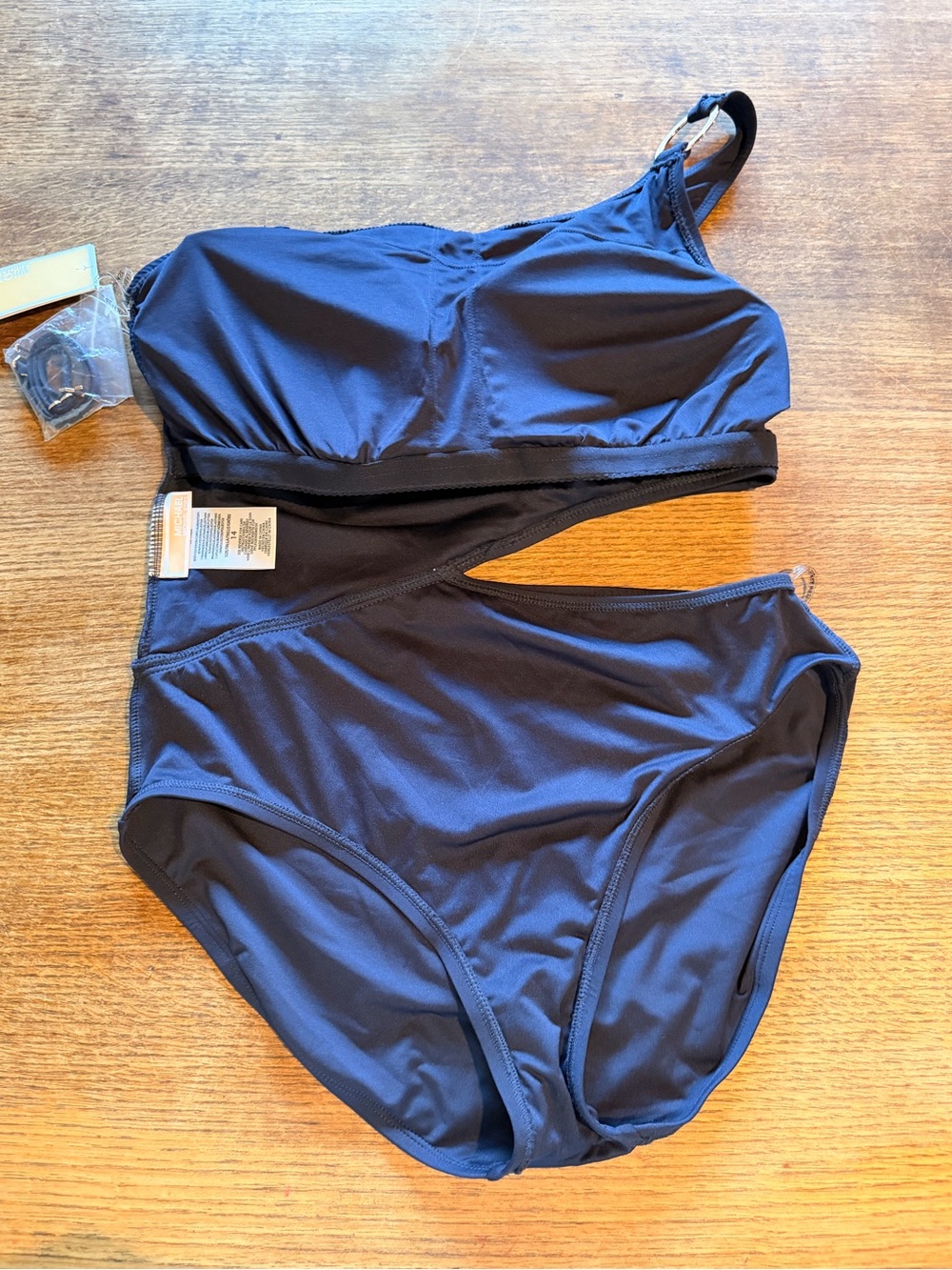 Michael Kors navy One-Shoulder Cutout Swimsuit with Gold Ring Detail - Picture 6 of 8
